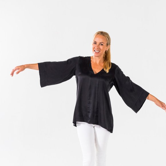 Black Wash Silk Charmeuse Tunic Top - Picture 2 of 5